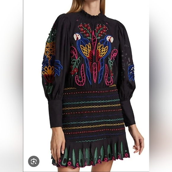 FARM Rio Dresses & Skirts - FarmRio Embroidered Puffsleeve  Black Dress Colorful Parrot Design Romantic Sz M